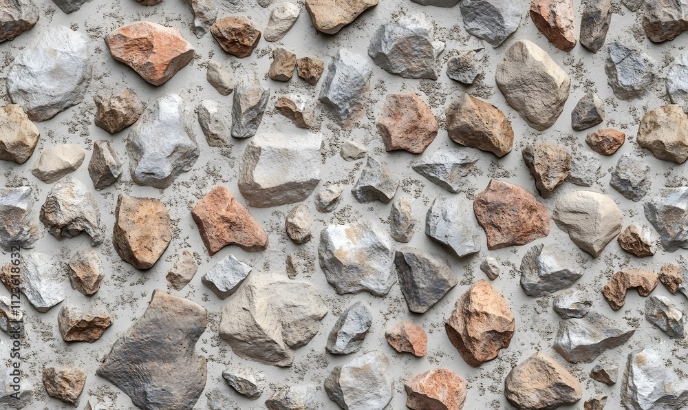 Poster seamless texture of various sizes and colors of rocks embedded in light gray mortar.