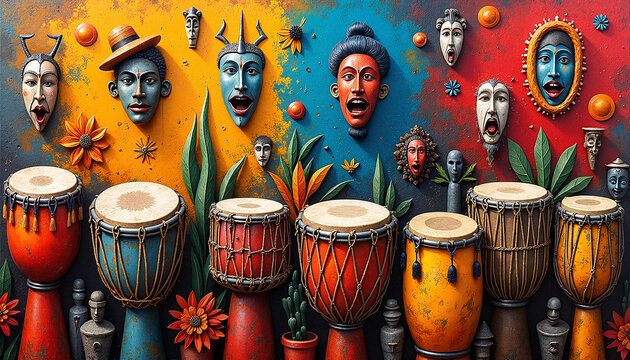 African drums and masks against colorful background