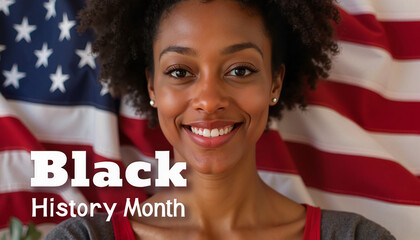 Smiling woman celebrating Black History Month with American flag