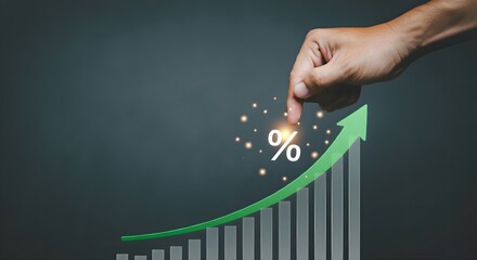 Businessman point hand on arrow graph with high rate of growth show Financial, sale profit, Business plan, Stock market investment, Economic growth concept. Business man draw report chart up forward