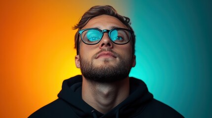 Obraz premium A man with glasses and a light beard looks up contemplatively. The background features an eye-catching split of vibrant orange and blue, creating a modern ambiance.