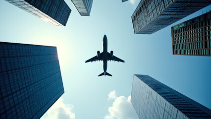 Eine Aufnahme aus geringer H&ouml;he eines Verkehrsflugzeugs, das direkt &uuml;ber einer modernen Stadtlandschaft mit hoch aufragenden Wolkenkratzern fliegt.

