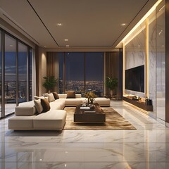 Fototapeta premium Modern Luxury Living Room with City View at Night Featuring Elegant Furniture and Stylish Decor Elements in a Bright and Spacious Interior
