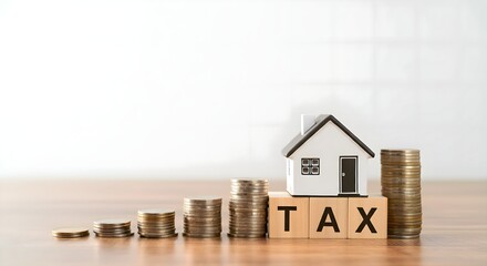TAX block with house model real estate Home loan taxation payment and financial concept