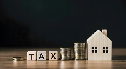 TAX block with house model, financial concept, mortgage, property taxes, finance, investment, housing market, home ownership, taxes, loan payment