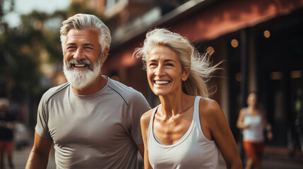 Sporty elderly couple in the park on the sports ground. Beautiful woman and man doing sports exercises. Healthy lifestyle concept