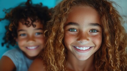 Fototapeta premium Two children with curly hair share an affectionate smile and embrace, symbolizing friendship and innocence in a vibrant, joyful setting, radiating happiness.
