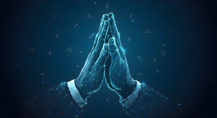 Polygonal illustration of praying hands on dark blue background. Pray low poly design. Religious futuristic banner template or background.3D image