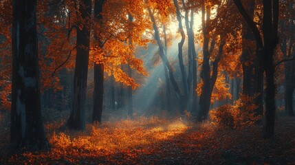 Fototapeta premium Sunbeams illuminate a misty autumn forest with vibrant orange leaves and tall trees.