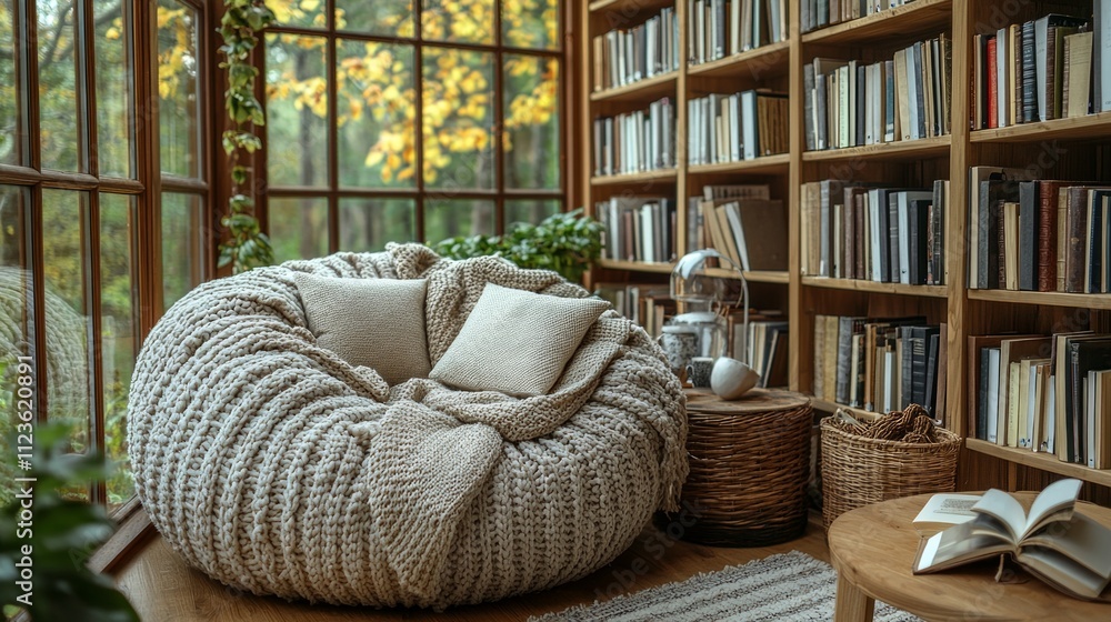 Poster bright and airy scandinavian library showcases minimalist bookshelves and cozy seating adorned wool 