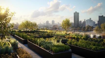 Fototapeta premium A rooftop garden with rows of plants in black containers against a backdrop of a cityscape