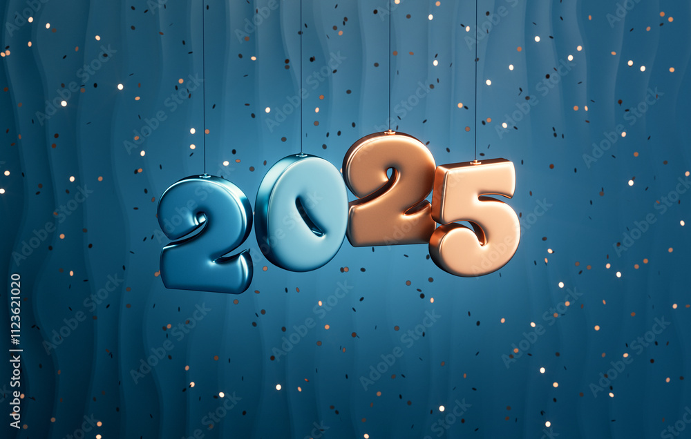 Poster new year 2025 festive banner background with hanging numbers in blue and gold on a festive backgroun