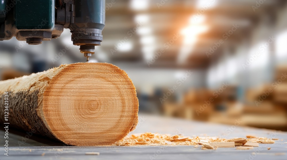 Poster a cnc machine precisely carves a large log into wood, showcasing advanced technology in a busy woodw