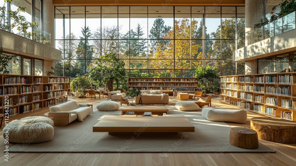 Poster bright and airy library space features minimalist bookshelves and comfortable seating. natural eleme