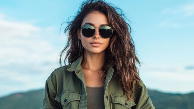 A woman, exuding confidence, in sunglasses and a green jacket, stands outside against a natural backdrop, encompassing style, audacity, and serenity.
