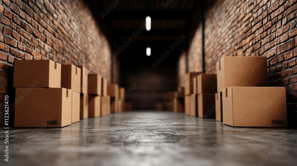 Poster neatly organized cardboard boxes line the walls of a sleek industrial warehouse, creating a sense of