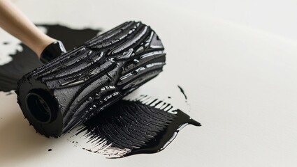 image of a black linocutting paint roller texture isolated on a white paper background with wet dark lino ink still present.