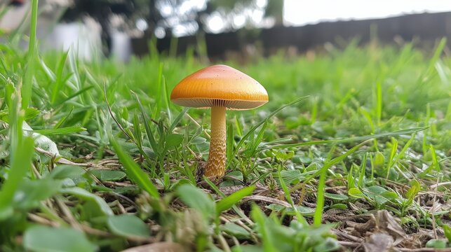 A small mushroom is emerging from the grass, adding a natural touch to the terrestrial plant life in the landscape