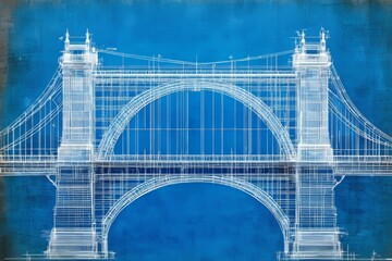 Fototapeta premium Detailed blueprint illustration of a majestic arch bridge set against a striking landscape