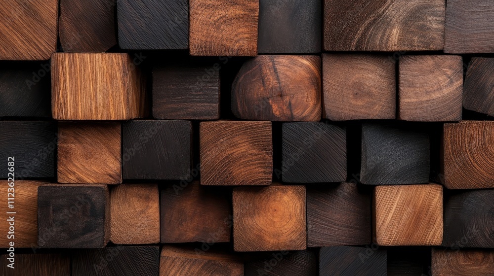 Poster a set of dark wooden blocks, precisely aligned and revealing natural grain patterns, creating an inv