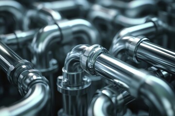 Fototapeta premium Metal pipe fittings with engineering blueprints for effective solutions and designs