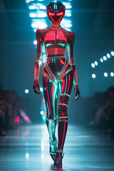 
A striking cyborg model in a sleek, metallic bodysuit with glowing circuits, futuristic high heels, and dramatic lighting, walking the runway in a luxury fashion show surrounded by chrome and glass