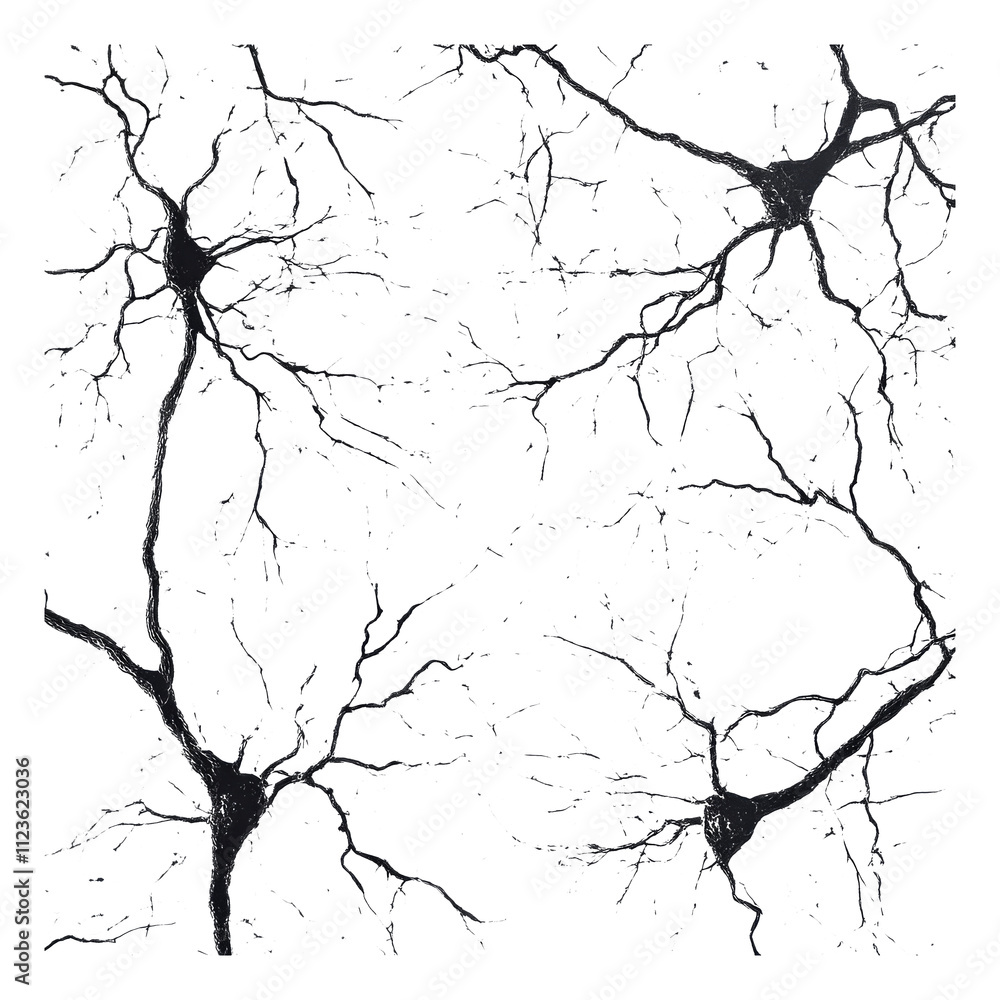 Poster Microscopic view of neural network with branching dendrites in black and white