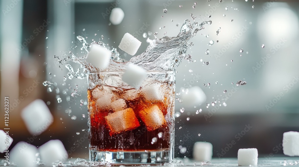 Poster a dynamic splash of cola as ice cubes cool the drink, sugar cubes emphasize the sweet taste, creatin