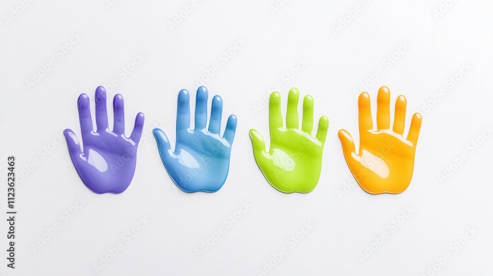 Poster overlapping handprints in a gradient rainbow color scheme, vibrant