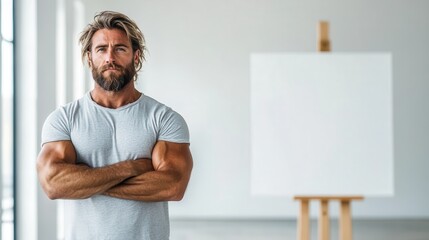 A bearded man with crossed arms wears a grey shirt and stands in a gallery space, facing a blank canvas on an easel, with light streaming through large windows.