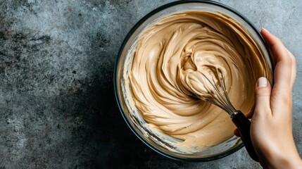 A bowl filled with smooth, creamy coffee batter being stirred with a whisk, showcasing the rich texture and inviting the anticipation of a delicious creation.