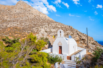 Small traditional style Greek church chapel in mountain landscape, Folegandros island, Cyclades,...