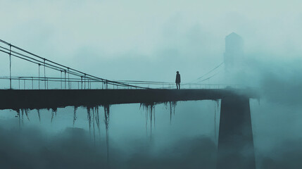 Obraz premium A lone figure walks across a foggy bridge, caught between past regrets and future hopes.