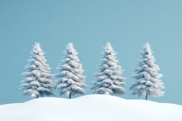 Obraz premium A trio of snowy pine trees on a white drift set against a simple blue backdrop in 3d render