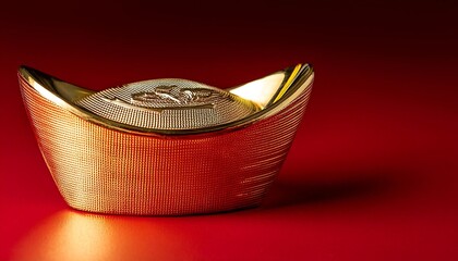 Fototapeta premium a single decorative gold ingot reflecting light, placed on a red background, Chinese New Year Theme