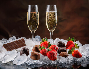 Two elegant champagne flutes filled with bubbly are arranged on ice alongside fresh strawberries and chocolate truffles creating a romantic display.






