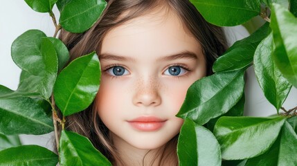 A close-up portrait of a girl framed by lush green leaves, showcasing her captivating blue eyes and natural beauty, Ideal for nature-themed campaigns, beauty products, or children's photography,