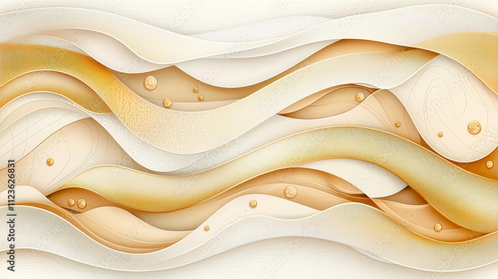 Poster an abstract composition of flowing curves and waves in soft beige and cream tones, creating a sense 