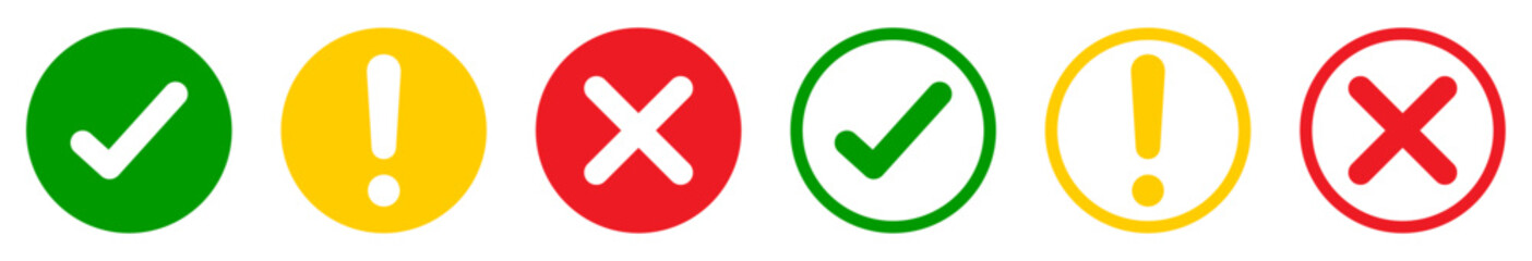 Set of round check mark, exclamation point, x mark icons isolated. Check mark, exclamation point, cross mark icons set with green, yellow and red color. Flat and outline style. Vector illustration.
