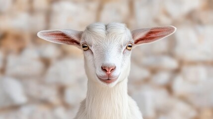 Obraz premium A close-up of an adorable white goat, showcasing its gentle expression and beautiful features against a soft, blurred background, Perfect for agricultural, pet care, and animal-related content,