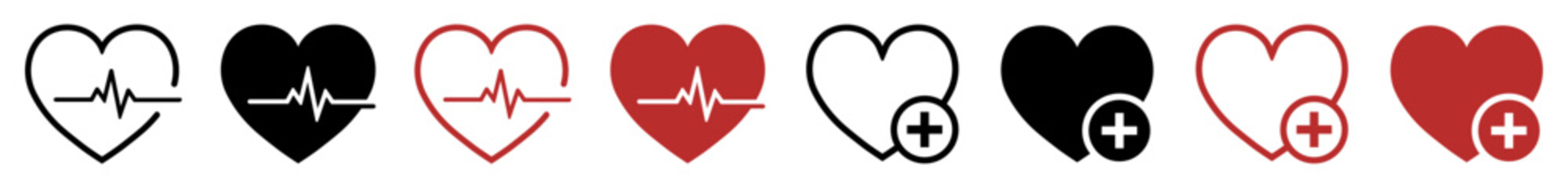 Obraz premium Heartbeat vector icons set with pulse line or plus red and black color isolated. Heart icons set with plus. Set of heartbeat icon isolated. Heart shape with pulse line and plus. Vector illustration.
