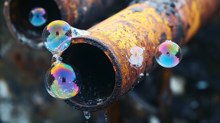 Gas leak at home. Inflating bubbles of soap mixture applied to the threaded joint on the gas pipe indicate a gas leak. Preventing a gas explosion disaster.