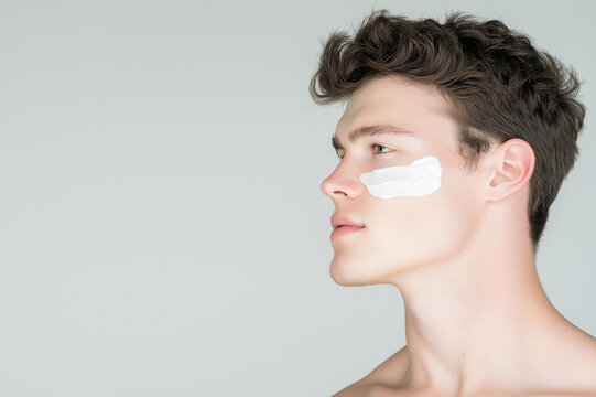Handsome man with facial cream on cheek, skincare routine for healthy skin, beauty care, grooming, and self-care concept in minimalist style.