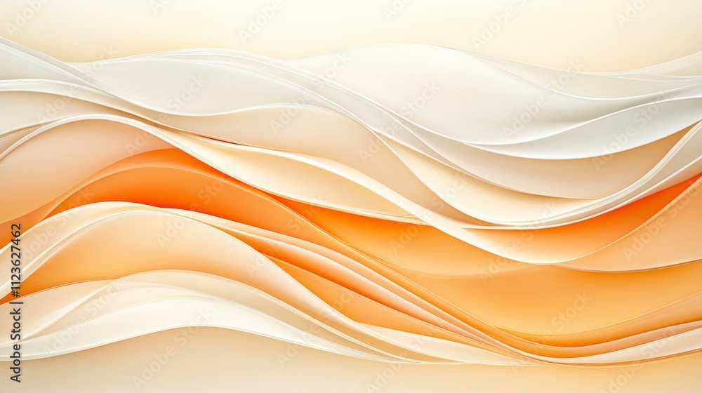 Poster an abstract design featuring soft, flowing waves in shades of cream and orange, creating a serene an