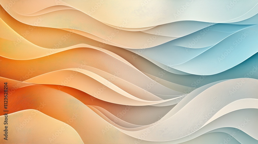 Poster an abstract wave pattern featuring soft gradients of orange and blue, creating a soothing and modern