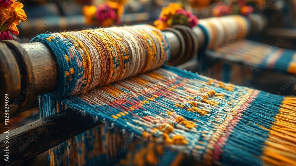 Aufkleber vibrant close-up of handwoven textile on a loom with colorful threads showcasing intricate patterns 