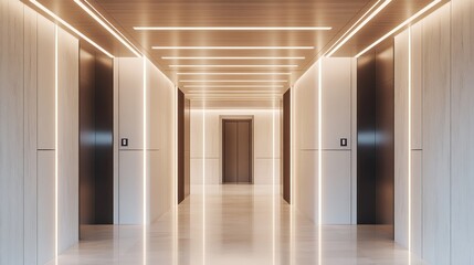Modern building elevator hallway with warm lighting and sleek design.