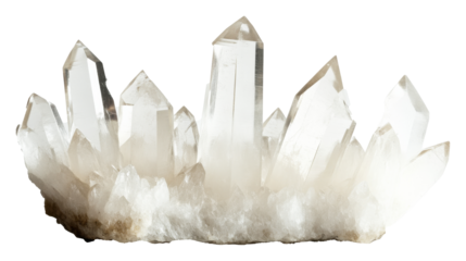 Clear quartz crystal cluster, natural mineral formation. geology and healing concept