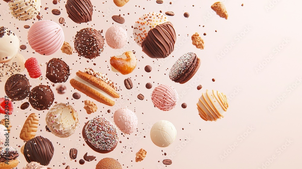 Poster an artistic array of assorted chocolates and cookies in various shapes and colors against a light ba