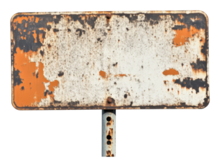 Rusty blank metal sign with aged texture, isolated view. Vintage industrial design concept